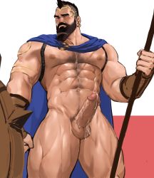 Rule 34 | 1boy, abs, absurdres, bara, bare pectorals, beard, blue cape, blush, cape, character request, chest hair, copyright request, cum, dopey (dopq), erection, facial hair, feet out of frame, highres, holding, holding polearm, holding shield, holding weapon, large pectorals, looking at viewer, male focus, male pubic hair, mature male, mohawk, muscular, muscular male, navel, navel hair, nipples, nude, one eye closed, original, pectorals, penis, polearm, pubic hair, shield, short hair, solo, stomach, thick eyebrows, thick thighs, thighs, tied beard, uncensored, weapon