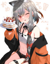 Rule 34 | 1girl, ;d, animal ear fluff, animal ears, bandeau, black jacket, black shorts, breasts, cake, extra ears, fang, food, gloves, grey hair, happy birthday, highres, hizuki hino, indie virtual youtuber, jacket, kurono yuzuko, long sleeves, looking at viewer, multicolored clothes, multicolored jacket, navel, off shoulder, one eye closed, open mouth, orange jacket, red eyes, short hair with long locks, short shorts, shorts, small breasts, smile, stomach, suspender shorts, suspenders, two-tone jacket, virtual youtuber, white bandeau, wolf ears, wolf girl