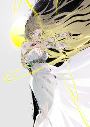 Rule 34 | 1girl, bangle, blonde hair, blood, blue eyes, bracelet, breasts, cleavage, closed mouth, commentary, cowboy shot, cuts, dress, eyelashes, floating hair, grey background, highres, injury, jewelry, kaninn, long hair, looking at viewer, magic, medium breasts, nintendo, pointy ears, princess zelda, see-through silhouette, simple background, sleeveless, sleeveless dress, solo, tears, the legend of zelda, the legend of zelda: breath of the wild, thick eyebrows, triforce, twitter username, white dress