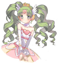 Rule 34 | 1girl, bad id, bad pixiv id, bare shoulders, closed mouth, colored eyelashes, cowboy shot, cropped legs, crown, detached sleeves, dress, falulu, falulu (awakened), forehead jewel, green hair, grey eyes, headphones, heath (artist), highres, idol clothes, long hair, looking at viewer, mini crown, parted bangs, pretty series, pripara, sidelocks, simple background, smile, solo, standing, strapless, strapless dress, twintails, very long hair, white background, white dress, wing hair ornament
