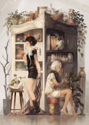 Rule 34 | 2girls, artist name, black hair, black legwear, black pants, black shirt, blanket, book, bottle, bread, rabbit, cabinet, candle, closed mouth, commentary request, crystal, cup, dark-skinned female, dark skin, egg (food), closed eyes, food, fried egg, chalice, highres, jewelry, lizard, multiple girls, necklace, original, pants, plant, quill, shirt, sitting, skull, standing, vase, watering can, white hair, white legwear, white pants, white shirt, yoshioka (haco)