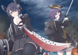 Rule 34 | 10s, 2girls, black gloves, black legwear, black skirt, cannon, checkered clothes, checkered necktie, checkered neckwear, cloud, collared shirt, dutch angle, eyepatch, fingerless gloves, gloves, grin, halo, headgear, highres, holding, holding sword, holding weapon, kantai collection, lens flare, looking at viewer, looking back, machinery, mechanical halo, miniskirt, mku, multiple girls, necktie, outdoors, parted bangs, pleated skirt, polearm, purple hair, red eyes, school uniform, shirt, short hair, skirt, sky, smile, swept bangs, sword, tatsuta (kancolle), tenryuu (kancolle), thighhighs, weapon, white shirt, yellow eyes, zettai ryouiki
