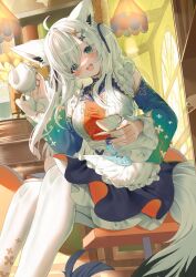 Rule 34 | 1girl, :d, ahoge, animal ear fluff, animal ears, apron, aqua eyes, blue shirt, blue skirt, blue sleeves, blush, bow, center frills, chinese clothes, cup, detached sleeves, feet out of frame, floral print, flower, fox ears, fox girl, fox tail, framed breasts, frilled apron, frills, gold trim, hair flower, hair ornament, hair ribbon, hairclip, head tilt, highres, holding, holding cup, holding teapot, hololive, indoors, jinbei (user tpny4757), layered skirt, layered sleeves, long hair, long sleeves, looking at viewer, mandarin collar, miniskirt, multicolored shirt, nail polish, official alternate costume, official alternate hairstyle, on chair, open mouth, orange nails, pantyhose, print pantyhose, ribbon, shirakami fubuki, shirakami fubuki (8th costume), shirt, sidelocks, sitting, skirt, sleeveless, sleeveless shirt, smile, solo, swept bangs, tail, teacup, teapot, two side up, virtual youtuber, waist apron, waist bow, white apron, white hair, white pantyhose, white shirt, wide sleeves