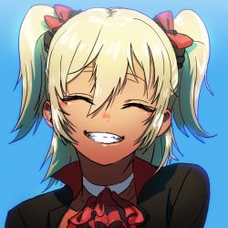 Rule 34 | 1girl, bad id, bad pixiv id, blonde hair, blue background, bow, collar, ascot, closed eyes, grin, hair bow, ian3314, original, smile, solo, twintails, two side up