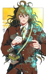 Rule 34 | 1boy, blush, brown suit, buttoned cuffs, buttons, commentary, cowboy shot, danganronpa (series), danganronpa v3: killing harmony, dated, english text, formal, glasses, gokuhara gonta, green hair, hair between eyes, kiri (2htkz), long hair, long sleeves, looking at viewer, male focus, messy hair, necktie, open mouth, red eyes, round eyewear, shirt, simple background, solo, suit, surprised, wavy hair, white background, white shirt, yellow background, yellow necktie