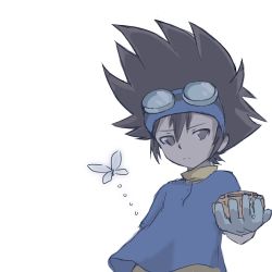 Rule 34 | 1boy, brown eyes, brown hair, bug, butterfly, commentary request, digimon, digimon adventure, digivice, fujita toshiko, gloves, goggles, highres, holding, bug, male focus, voice actor connection, serious, shirt, solo, upper body, vr46, white gloves, yagami taichi