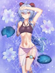 Rule 34 | 1girl, absurdres, ahoge, blue hair, blush, breasts, collarbone, ganyu (genshin impact), genshin impact, hakamaboooots, hand on own forehead, highres, horns, long hair, looking at viewer, lying, medium breasts, navel, on back, parted lips, partially submerged, purple eyes, sidelocks, solo, swimsuit, vision (genshin impact)