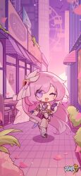 Rule 34 | 1girl, :d, bag, birthday, building, cafe, can (honkai impact), chibi, copyright name, diamond-shaped pupils, diamond (shape), elysia (herrscher of human:ego) (honkai impact), elysia (honkai impact), eta, ferris wheel, full body, gloves, highres, holding, holding phone, honkai (series), honkai impact 3rd, logo, looking at viewer, official art, official wallpaper, one eye closed, open mouth, outdoors, petals, phone, pink background, pink eyes, pink hair, pink petals, plant, smile, solo, standing, symbol-shaped pupils, white footwear, white gloves, white headwear