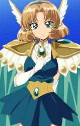 Rule 34 | 1990s (style), 1girl, absurdres, armor, blue background, breasts, bright pupils, cape, clenched hand, commission, dress, gloves, green cape, green dress, green eyes, head wings, highres, hououji fuu, looking at viewer, magic knight rayearth, medium breasts, official alternate costume, oimanji, parted bangs, pauldrons, retro artstyle, short hair, shoulder armor, skeb commission, smile, solo, white gloves, white pupils, wings