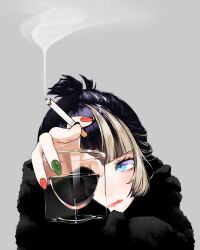 Rule 34 | 1girl, :q, alcohol, alternate costume, alternate hairstyle, black hair, black nails, black sweater, blunt bangs, blush, cigarette, commentary request, cup, drinking glass, fingernails, fur-trimmed sweater, fur trim, green nails, grey background, head rest, highres, holding, holding cigarette, holding cup, hololive, hololive dev is, juufuutei raden, long sleeves, looking to the side, meru corone, multicolored hair, nail polish, parted lips, purple eyes, red nails, sidelocks, simple background, smoke trail, smoking, solo, streaked hair, sweater, tongue, tongue out, upper body, virtual youtuber