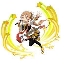 Rule 34 | 1girl, ;d, arm up, asuna (sao), black pantyhose, brown eyes, brown hair, choker, floating hair, frilled skirt, frills, full body, guitar, hair ribbon, high heels, holding, holding microphone, idol, instrument, long hair, microphone, miniskirt, necktie, one eye closed, open mouth, pantyhose, pleated skirt, ponytail, ribbon, ribbon choker, skirt, smile, solo, star (symbol), sword art online, very long hair, white background, white ribbon, yellow necktie, yellow skirt