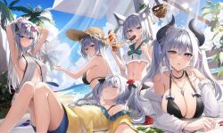 Rule 34 | 5girls, absurdres, animal ears, aoi 13, armpits, arms up, bare shoulders, beach, bikini, black bikini, blue eyes, breasts, brown eyes, character request, cleavage, closed eyes, closed mouth, commentary, copyright request, eyewear on head, food, grey hair, hair ornament, hat, heterochromia, highres, horns, jewelry, knees up, large breasts, long hair, long sleeves, looking at viewer, lying, multiple girls, navel, necklace, off shoulder, on back, on stomach, outdoors, parted lips, purple eyes, shirt, sideboob, smile, straw hat, sunglasses, swimsuit, symbol-only commentary, twintails, water, white shirt, yellow shirt