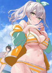 Rule 34 | 2girls, absurdres, ball, bare shoulders, beach, beachball, bikini, blue sky, blush, bow, braid, breasts, cleavage, cloud, cosplay, cowboy shot, day, faceless, faceless female, fingernails, green eyes, grey hair, hair between eyes, hair bow, hair ornament, highres, hololive, jacket, jacket partially removed, large breasts, light blush, light smile, long hair, looking at viewer, looking down, multiple girls, navel, ocean, oozora subaru, oozora subaru (cosplay), oozora subaru (hololive summer 2019), open clothes, open jacket, own hands together, ponytail, rum raisin (chihiromakita19), shirogane noel, sidelocks, sky, smile, solo focus, standing, stomach, striped bikini, striped clothes, swimsuit, thick eyelashes, virtual youtuber, water, yellow bikini