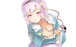 Rule 34 | 1girl, bent over, blouse, blush, breasts, collarbone, expressionless, komeiji satori, long sleeves, nipples, no bra, open clothes, open shirt, pink eyes, pink hair, pink skirt, shirt, simple background, sinzan, skirt, sleeves past wrists, small breasts, solo, touhou, white background