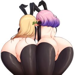 Rule 34 | 2girls, animal ears, anus, ass, ass-to-ass, bippew, blonde hair, blush, breasts, censored, ear blush, facing away, fake animal ears, from behind, gradient hair, highres, large breasts, leaning forward, long hair, lucid (maplestory), maplestory, medium hair, meme attire, mercedes (maplestory), mosaic censoring, multicolored hair, multiple girls, pink hair, pointy ears, purple hair, pussy, rabbit ears, reverse bunnysuit, reverse outfit, simple background, white background