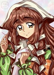Rule 34 | 1girl, absurdres, brown eyes, brown hair, dress, freya (little goody two shoes), green dress, head scarf, highres, holding, holding needle, little goody two shoes, long hair, needle, plaid shawl, remyfive, sewing, shawl, solo