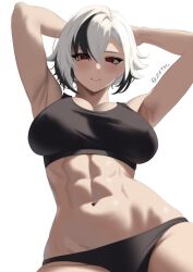 Rule 34 | 1girl, abs, arlecchino (genshin impact), armpits, arms behind head, arms up, artist name, black eyes, black hair, black panties, black shirt, breasts, cleavage, cowboy shot, cropped shirt, expressionless, eyebrows, eyelashes, female focus, from below, genshin impact, highres, large breasts, light blush, looking at viewer, looking down, medium hair, multicolored hair, muscular, muscular female, navel, panties, parted lips, red pupils, shirt, simple background, sleeveless, sleeveless shirt, solo, standing, symbol-shaped pupils, teeth, two-tone hair, underwear, white background, white hair, x-shaped pupils, zetyi