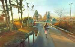 Rule 34 | 1girl, bag, bird, black legwear, brown hair, bus stop, day, evening, from behind, highres, long hair, original, outdoors, power lines, profile, puddle, reflection, road, scenery, shoulder bag, signature, solo, standing, tree, utility pole, vanishing point, walking, wayne chan, white bird, wide shot