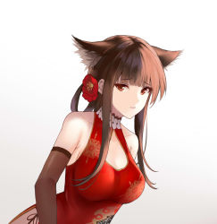 Rule 34 | animal ear fluff, animal ears, bare shoulders, blunt bangs, breasts, brown gloves, brown hair, cat ears, china dress, chinese clothes, cleavage, dress, dsr-50 (girls&#039; frontline), dsr-50 (red peony) (girls&#039; frontline), elbow gloves, flower, girls&#039; frontline, gloves, hair flower, hair ornament, leaning forward, long hair, medium breasts, official alternate costume, red dress, sidelocks, simple background, solo, tamatabe, upper body
