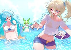 Rule 34 | 4girls, :3, afloat, alternate costume, amehare hau, animal ears, bikini, bikini under clothes, blonde hair, blue eyes, blue hair, blue nails, blush, breasts, cat ears, cat girl, cleavage, closed eyes, cloud, cloudy sky, coefont, colored inner hair, colored tips, commentary, day, denim, denim shorts, dual wielding, ears down, fangs, frilled bikini top, green bikini, green hair, grin, hair ornament, hair scrunchie, halterneck, highres, holding, holding water gun, innertube, kasukabe tsumugi, large breasts, layered bikini, long hair, low ponytail, marutsubo, mole, mole under eye, multicolored hair, multiple girls, navel, ocean, one eye closed, open fly, open mouth, orange hair, outdoors, partially submerged, pea pod, pink hair, playing, sayo (voicevox), scrunchie, shirt, short shorts, short sleeves, shorts, side ponytail, signature, sky, small breasts, smile, spraying, stomach, summer, swim ring, swimsuit, t-shirt, triangle mouth, voicevox, wading, water gun, wet, wet clothes, wet shirt, white shirt, wince, yellow bikini, yellow eyes, zundamon