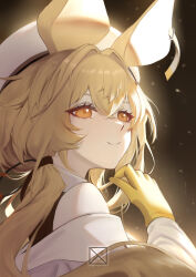 Rule 34 | 1girl, absurdres, animal ears, arknights, beret, blonde hair, brown eyes, commentary request, dorothy (arknights), gloves, hair between eyes, hat, highres, jacket, long hair, long sleeves, looking away, looking to the side, low twintails, njnywy, off shoulder, solo, twintails, white hat, white jacket, yellow gloves