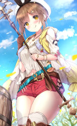 Rule 34 | 1girl, :q, atelier (series), atelier ryza, atelier ryza 1, barrel, belt, belt buckle, beret, black ribbon, blue sky, blush, breasts, brown belt, brown eyes, brown hair, buckle, cleavage, closed mouth, cloud, commentary request, day, flask, hair between eyes, hat, highres, holding, holding staff, jacket, jewelry, kouda suzu, long sleeves, looking at viewer, medium breasts, navel, necklace, open clothes, open jacket, outdoors, petals, red shorts, reisalin stout, ribbon, round-bottom flask, shirt, short shorts, shorts, sky, sleeveless, sleeveless jacket, smile, solo, staff, thick thighs, thighhighs, thighs, tongue, tongue out, vial, white hat, white shirt, white thighhighs, yellow jacket