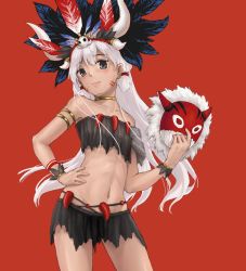 Rule 34 | 1girl, black eyes, bracelet, chenyunchen2001, gold bracelet, hair ornament, hat feather, highres, jewelry, loincloth, magatama, mask, nyanko daisensou, red background, short twintails, skull hair ornament, tama (nyanko daisensou), tattoo, tribal, tribal tattoo, twintails, white hair