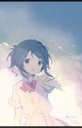 Rule 34 | 10s, 1girl, black hair, brown eyes, folded ponytail, hair ribbon, highres, kimi no na wa., letterboxed, looking at viewer, miyamizu mitsuha, monochrome, open mouth, outstretched arm, outstretched hand, pleated skirt, ribbon, school uniform, shiratama (shiratamaco), short hair, short sleeves, skirt, solo