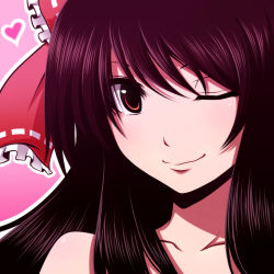 Rule 34 | 1girl, bare shoulders, brown eyes, brown hair, close-up, collarbone, hair ribbon, hakurei reimu, heart, looking at viewer, monochrome background, one eye closed, pink background, portrait, red ribbon, ribbon, simple background, smile, solo, tottsuman, touhou