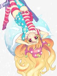 Rule 34 | 1girl, alternate legwear, american flag dress, american flag legwear, bad id, bad twitter id, blonde hair, cheong ha, clownpiece, collar, dress, fairy wings, frilled collar, frilled shirt collar, frills, from above, hat, jester cap, knees together feet apart, long hair, looking at viewer, lying, neck ruff, on back, polka dot, red eyes, shirt, short dress, short sleeves, solo, striped clothes, striped dress, striped thighhighs, thighhighs, touhou, upside-down, very long hair, wings
