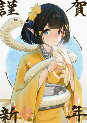 1girl 2025 absurdres arknights black_hair blue_eyes blue_hair blue_ribbon blunt_bangs blush breasts butterfly_hair_ornament chinese_zodiac commentary_request egasumi eunectes_(arknights) floral_print flower hair_flower hair_ornament hair_ribbon happy_new_year highres japanese_clothes kimono long_sleeves medium_breasts multicolored_hair new_year obi open_mouth print_kimono ribbon sash shimizu_kazunari short_hair snake solo streaked_hair two-tone_hair upper_body white_snake wide_sleeves wristband year_of_the_snake yellow_flower yellow_kimono