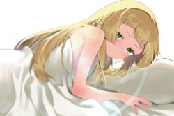 Rule 34 | 1girl, absurdres, blonde hair, blurry, blush, creatures (company), eyelashes, from side, game freak, green eyes, highres, lillie (pokemon), long hair, looking at viewer, momihige, nintendo, nude, parted lips, pillow, pokemon, pokemon sm, sleepy, solo, under covers, waking up