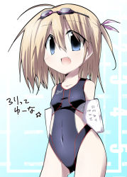 Rule 34 | 1girl, ahoge, bibi02, blonde hair, blue eyes, competition swimsuit, goggles, goggles on head, kickboard, one-piece swimsuit, original, short hair, solo, swimsuit