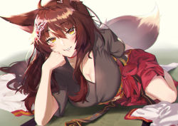 Rule 34 | 1girl, absurdres, ahoge, animal ears, black shirt, breasts, brown hair, butterfly hair ornament, cleavage, fox ears, fox girl, fox tail, fumi (nijisanji), hair between eyes, hair ornament, hakama, hakama skirt, highres, japanese clothes, kimono, large breasts, long hair, looking at viewer, lying, murechika, nijisanji, obi, open mouth, red hakama, sash, shirt, skirt, smile, socks, solo, tail, very long hair, virtual youtuber, wide sleeves, yellow eyes