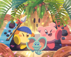Rule 34 | bandana, bandana waddle dee, blue bandana, blue eyes, blush stickers, elfilin, holding, holding polearm, holding weapon, jumping, kirby, kirby (series), kirby and the forgotten land, light, looking at viewer, miclot, nintendo, nintendo switch, one eye closed, open mouth, palm tree, pink footwear, polearm, shoes, smile, tree, tropic woods, weapon, yellow eyes, yellow footwear