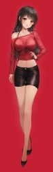 Rule 34 | 1girl, bare shoulders, black footwear, black hair, black shorts, blush, bra strap, braid, breasts, buttons, collarbone, crop top, crossed legs, full body, hand on own hip, high heels, highres, large breasts, long hair, long sleeves, looking at viewer, lunacle, midriff, navel, off-shoulder shirt, off shoulder, original, parted lips, photoshop (medium), red background, red eyes, red shirt, shirt, short shorts, shorts, sidelocks, simple background, single bare shoulder, smile, solo, standing, stomach, thigh gap, watson cross