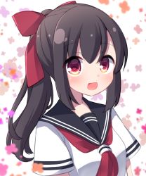 Rule 34 | 1girl, :d, black hair, black sailor collar, blush, bow, breasts, commentary request, floral background, hair between eyes, hair bow, highres, long hair, looking at viewer, neckerchief, open mouth, original, ponytail, red bow, red eyes, red neckerchief, rensei, sailor collar, school uniform, serafuku, shirt, short sleeves, simple background, small breasts, smile, solo, upper body, white background, white shirt