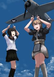 Rule 34 | 2girls, aircraft, aircraft request, airplane, black eyes, black hair, black sailor collar, black shirt, black skirt, blue sky, boots, brown hair, cloud, commentary request, day, feet out of frame, fubuki (kancolle), grey skirt, highres, hitokoe, index fingers raised, intrepid (kancolle), kantai collection, long hair, low ponytail, multicolored neckwear, multiple girls, neck pillow, neckerchief, outdoors, parody, pleated skirt, ponytail, sailor collar, shibafu (glock23) (style), shirt, short hair, short ponytail, sidelocks, skirt, sky, standing, style parody