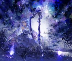 Rule 34 | 1girl, bare shoulders, blue eyes, blue flower, blue hair, blue rose, breasts, cloud, cloudy sky, commentary request, dress, elbow gloves, flower, gloves, harp, instrument, long hair, looking at viewer, medium breasts, original, outdoors, rose, sky, solo, strapless, strapless dress, umino mizu, very long hair, white dress, white gloves