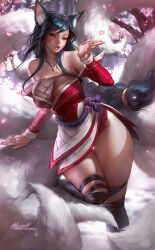 Rule 34 | 1girl, ahri (league of legends), aleriia v, animal ears, bandaged leg, bandages, black hair, blowing kiss, braid, breasts, cleavage, facial mark, fox ears, fox girl, heart, highres, kitsune, korean clothes, kyuubi, large breasts, league of legends, lips, long hair, multiple tails, off shoulder, one eye closed, see-through, see-through cleavage, solo, tail, thighs, variant set, whisker markings, yellow eyes
