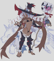 Rule 34 | 1girl, animal ears, arm armor, armor, asymmetrical gloves, bandaged arm, bandaged hand, bandages, bangle, bikini, black bikini, black bikini bottom, black claws, bracelet, breasts, brown scarf, chainmail, claws, dark-skinned female, dark skin, earrings, facial mark, fang, fen (poch4n), fur trim, gloves, hat, highleg, highleg bikini, highres, holding, holding staff, jewelry, leg armor, long hair, long scarf, mismatched gloves, navel, original, poch4n, scar, scar on face, scar on stomach, scarf, sharp toenails, skull, slit pupils, small breasts, spiked bracelet, spikes, staff, string bikini, swimsuit, tail, toenails, torn clothes, torn scarf, twintails, weapon, weapon on back, werewolf, white background, white hair, witch, witch hat, wolf, wolf ears, wolf girl, wolf tail