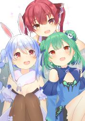 Rule 34 | 3girls, :d, absurdres, animal ears, braid, charlotte11037, commentary, double bun, grey eyes, hair bun, highres, hololive, houshou marine, huge filesize, looking at another, looking at viewer, multiple girls, open mouth, rabbit ears, red eyes, sitting, smile, twin braids, twintails, uruha rushia, uruha rushia (1st costume), usada pekora, usada pekora (1st costume), virtual youtuber