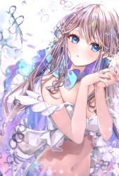 Rule 34 | 1girl, babydoll, bikini, blue eyes, blue nails, blush, breasts, brown hair, bubble, camisole, condensation, fish, highres, lace, lens flare, lingerie, nail polish, nightgown, original, puracotte, solo, sparkle, star (symbol), swept bangs, swimsuit, underwater, underwear, upper body, water, water drop