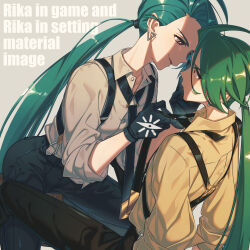 Rule 34 | 2girls, creatures (company), dual persona, english text, eye contact, formal, game freak, gloves, green hair, grey background, highres, long hair, looking at another, miri (cherryjelly), multiple girls, necktie, necktie grab, neckwear grab, nintendo, pokemon, pokemon sv, ponytail, red eyes, rika (pokemon), selfcest, shadow, simple background, suit, very long hair, yuri