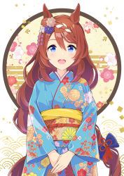 Rule 34 | 1girl, animal ears, blue eyes, blue kimono, braid, brown hair, commentary, egasumi, floral background, floral print, flower, furisode, hair flower, hair ornament, highres, horse ears, horse girl, horse tail, japanese clothes, kimono, long hair, long sleeves, looking at viewer, obi, open mouth, own hands together, print kimono, sash, shiromaru illust, smile, solo, standing, super creek (umamusume), tail, umamusume, v arms