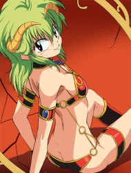Rule 34 | 1980s (style), 1girl, armor, armpits, back, bangle, bikini, bikini armor, black eyes, blue panties, boots, bracelet, breasts, butt crack, from above, from behind, green hair, haruyama kazunori, horns, jewelry, kahm, light smile, looking at viewer, looking back, o-ring, o-ring bottom, o-ring top, oldschool, outlanders, panties, red background, red bikini, retro artstyle, sitting, solo, swimsuit, thighs, underwear