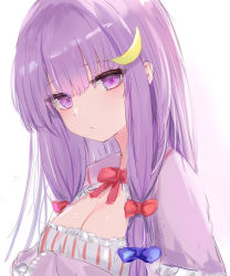 Rule 34 | 1girl, :/, absurdres, blue bow, bow, breasts, cleavage, crescent, crescent hair ornament, dress, hair ornament, head tilt, highres, large breasts, long hair, looking at viewer, lshiki, no headwear, patchouli knowledge, purple eyes, purple hair, red bow, solo, striped, touhou, upper body, white background