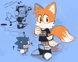 Rule 34 | 2boys, ?, a5tros, animal ears, animal nose, black eyes, black footwear, black shirt, blue background, body fur, closed mouth, english text, fox boy, fox ears, fox tail, full body, furry, furry male, gloves, happy, headphones, highres, listening to music, male focus, multiple boys, multiple tails, musical note, nine inch nails, shirt, simple background, sonic (series), sonic the hedgehog, sonic the hedgehog (classic), standing, tail, tails (sonic), two tails, white gloves