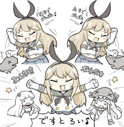 Rule 34 | 10s, 3girls, abyssal ship, airfield princess, ascot, bad id, bad pixiv id, blonde hair, blush, blush stickers, closed eyes, gloves, hair ornament, i-class destroyer, kantai collection, kuchiku i-kyuu, multiple girls, musical note, open mouth, ro-class destroyer, shimakaze (kancolle), spoken musical note, ^^^, translation request, white background, white gloves, wo-class aircraft carrier, x x, yuasan
