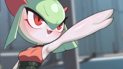 Rule 34 | 1girl, arm at side, arm up, armpits, bare shoulders, black skirt, blurry, blurry background, blush, breasts, colored skin, creatures (company), drunkoak, fang, female focus, game freak, gen 3 pokemon, green hair, hair between eyes, happy, high-waist skirt, highres, indoors, kirlia, looking to the side, nintendo, open mouth, outstretched arm, pokemon, pokemon (creature), red eyes, red shirt, shiny skin, shirt, short hair, sidelocks, skin fang, skirt, sleeveless, sleeveless shirt, small breasts, smile, solo, standing, upper body, white skin
